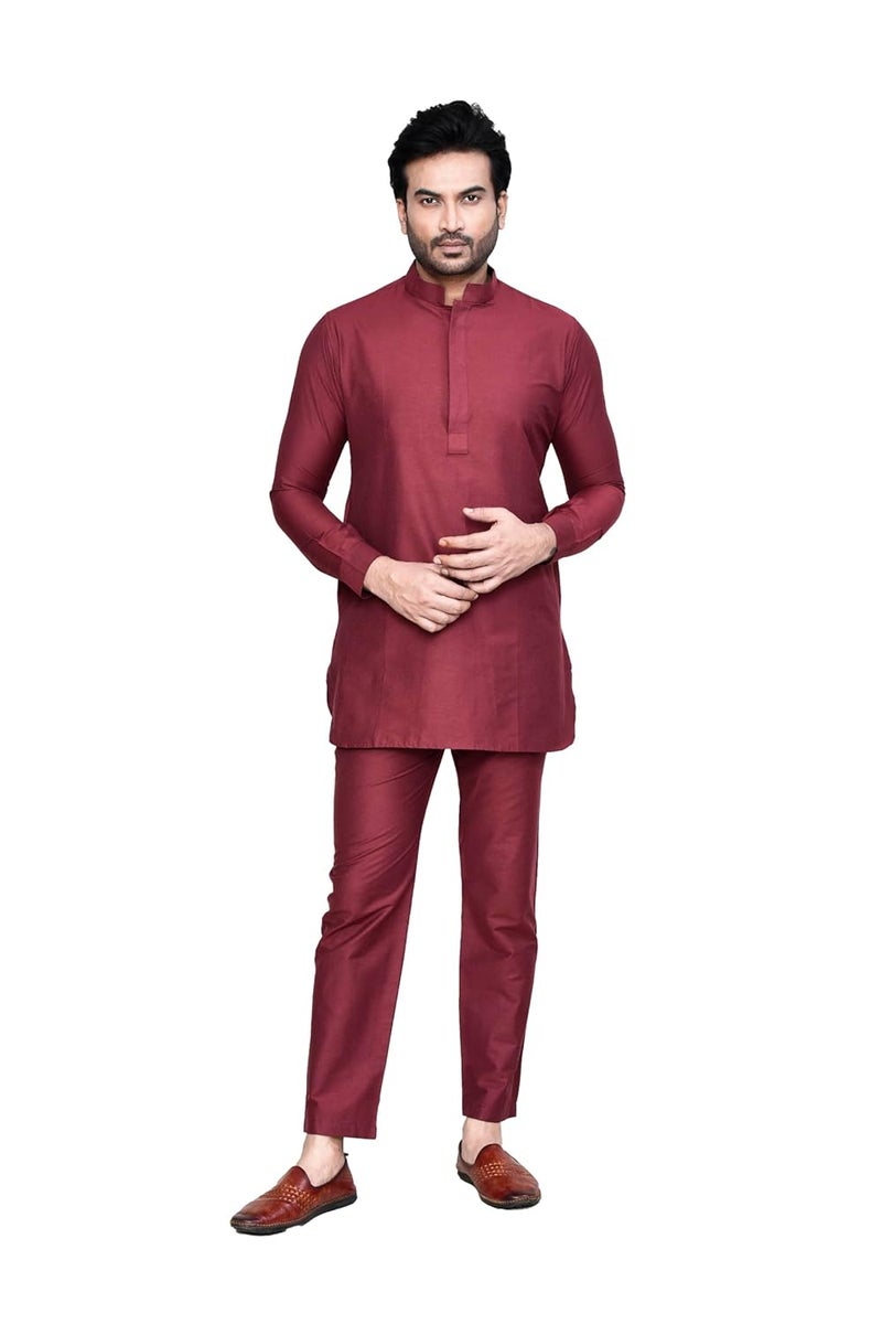 POLY2FAB طقم كورتا باجاما للرجال من هاثكارغا بنمط سادة - ملابس تقليدية عرقية بأكمام كاملة مع ياقة ماندارين - Image 1
